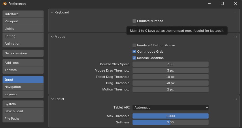 Jak włączyć ustawienie które emuluje klawiaturę numeryczną na laptopie w blenderze.
